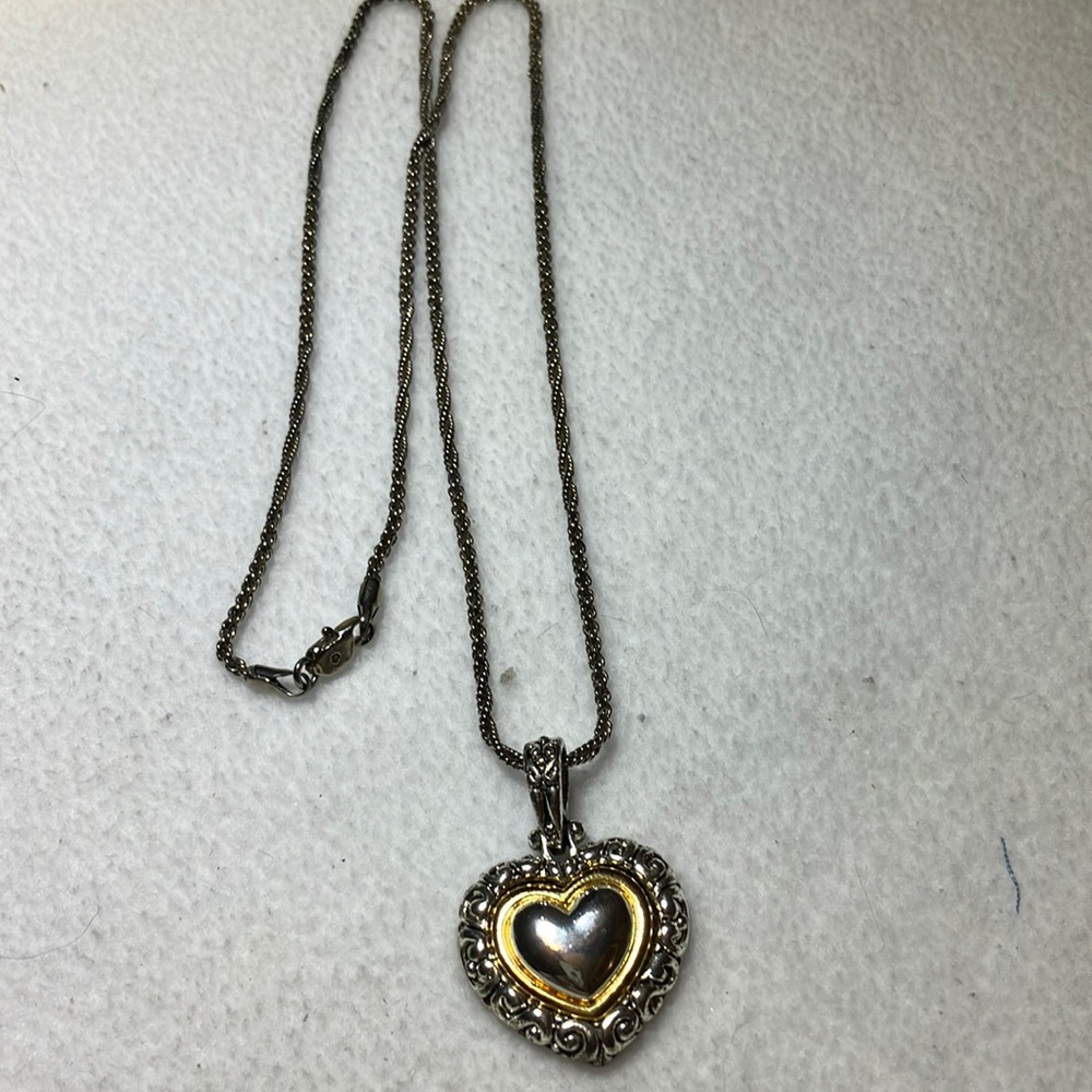 925 Silver and Gold Tone Heart Necklace. Twenty Four Inch Chain. Good Weight.